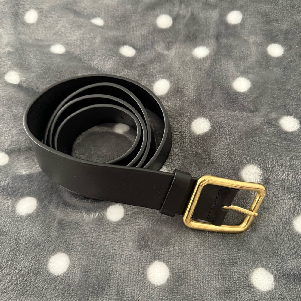 Anthropologie Classic Black Leather Belt with Gold Buckle